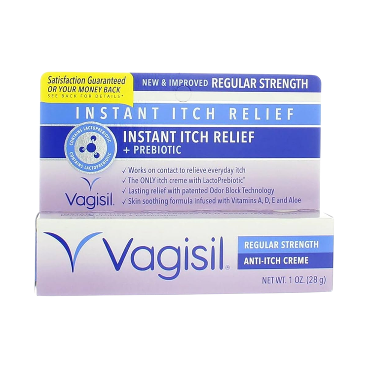 Vagisil Anti-Itch Crème Original in 1oz tube, feminine hygiene product for itch relief, displayed on a plain background.