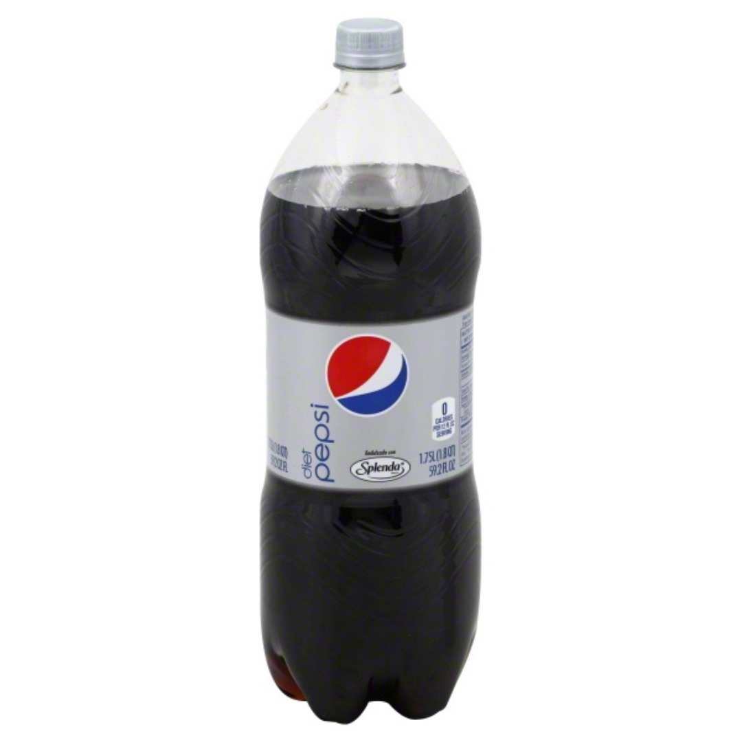 Diet Pepsi soda with Splenda in a 1.75L bottle, featuring the classic Diet Pepsi label and branding on the clear plastic bottle.