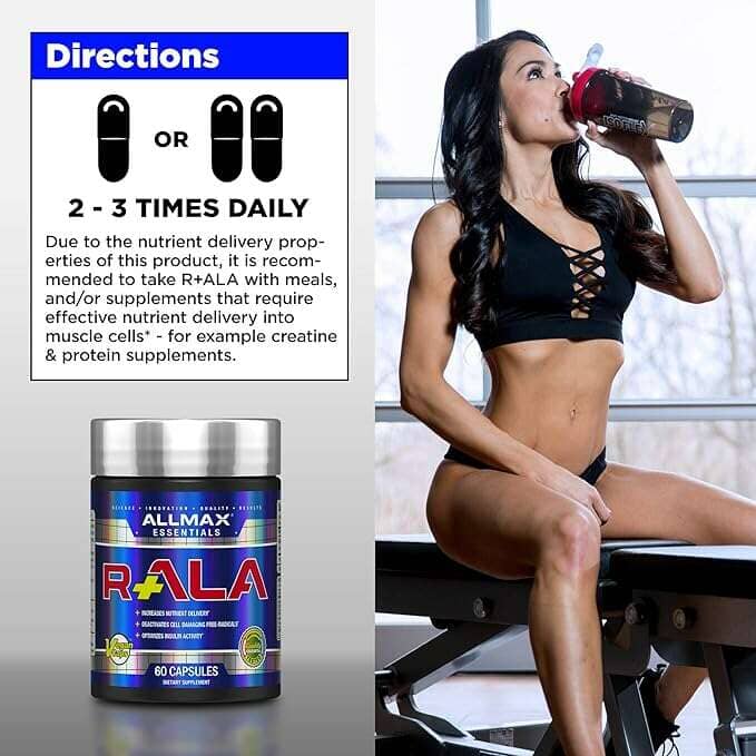 Allmax R-ALA Alpha Lipoic Acid 125mg capsules in a bottle, dietary supplement for vitamins and herbs, 60 count.