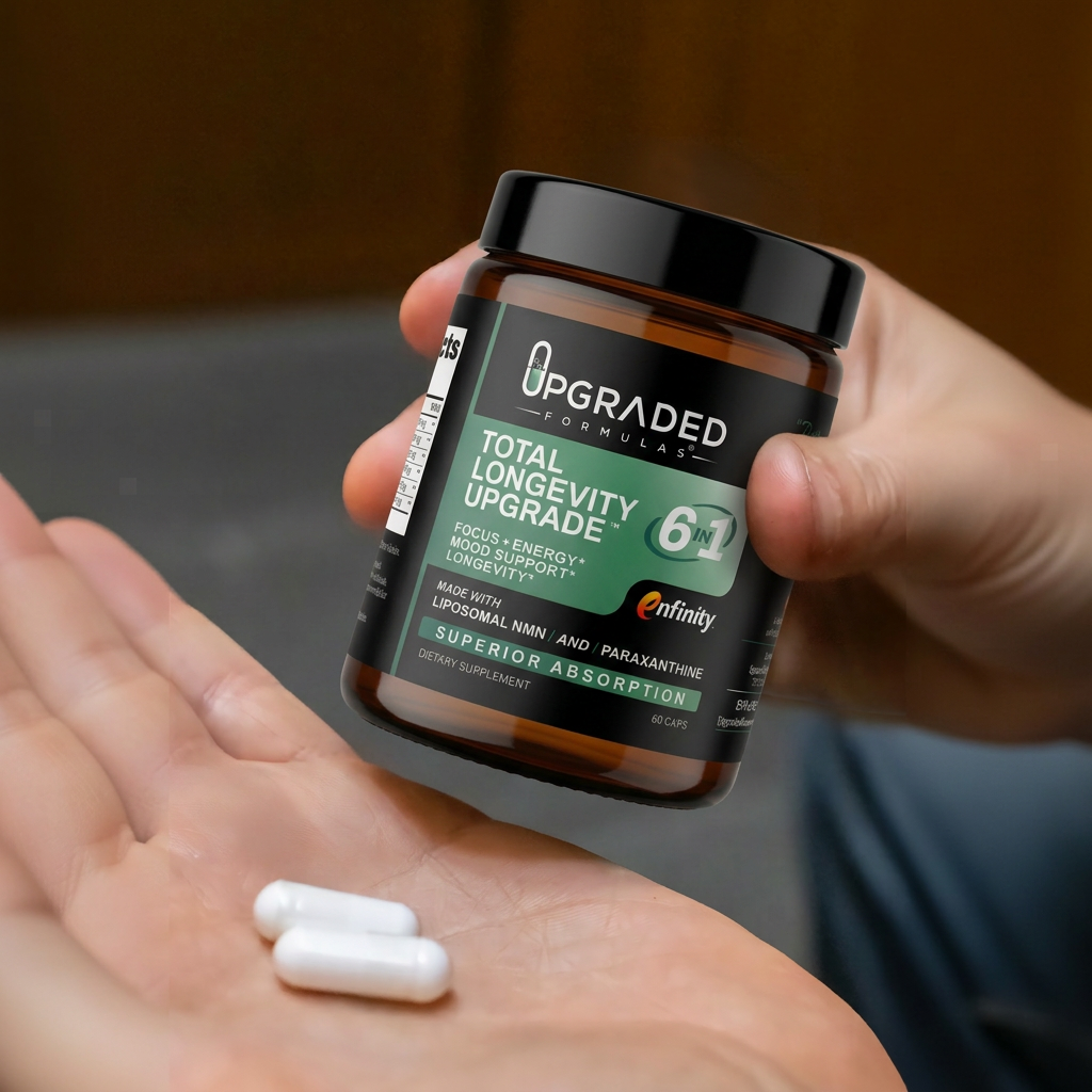 Upgraded Formulas® Total Longevity Upgrade supplement bottle with tablets, promoting overall health and wellness.