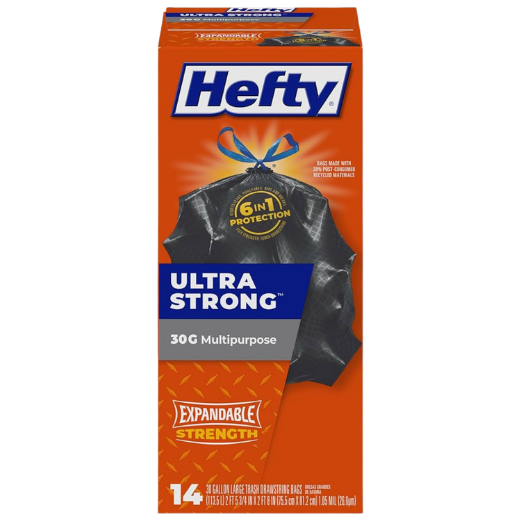 Large 30-gallon Hefty Basics trash bags in a 14-count pack, designed for durable waste disposal from Farmacias Savia.