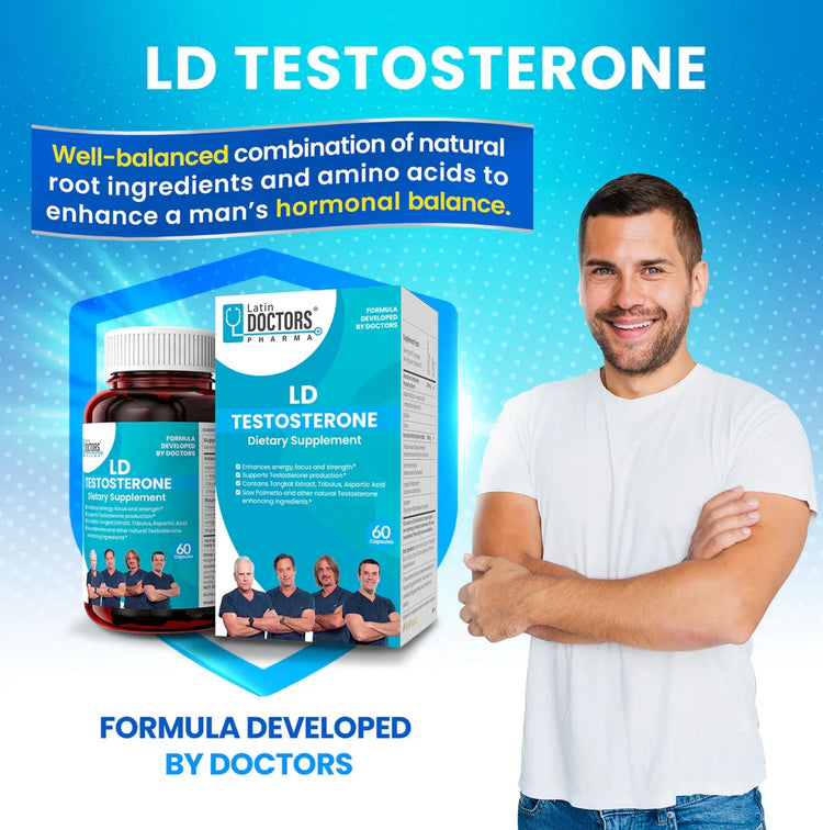 Latin Doctor TESTOSTERONE supplement bottle by Farmacias Savia, 60-count LD testosterone health product.