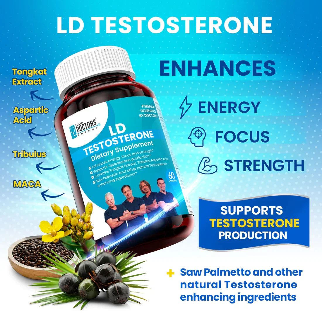 Latin Doctor TESTOSTERONE supplement bottle with 60 capsules from Farmacias Savia, featuring the LD branding and label design.