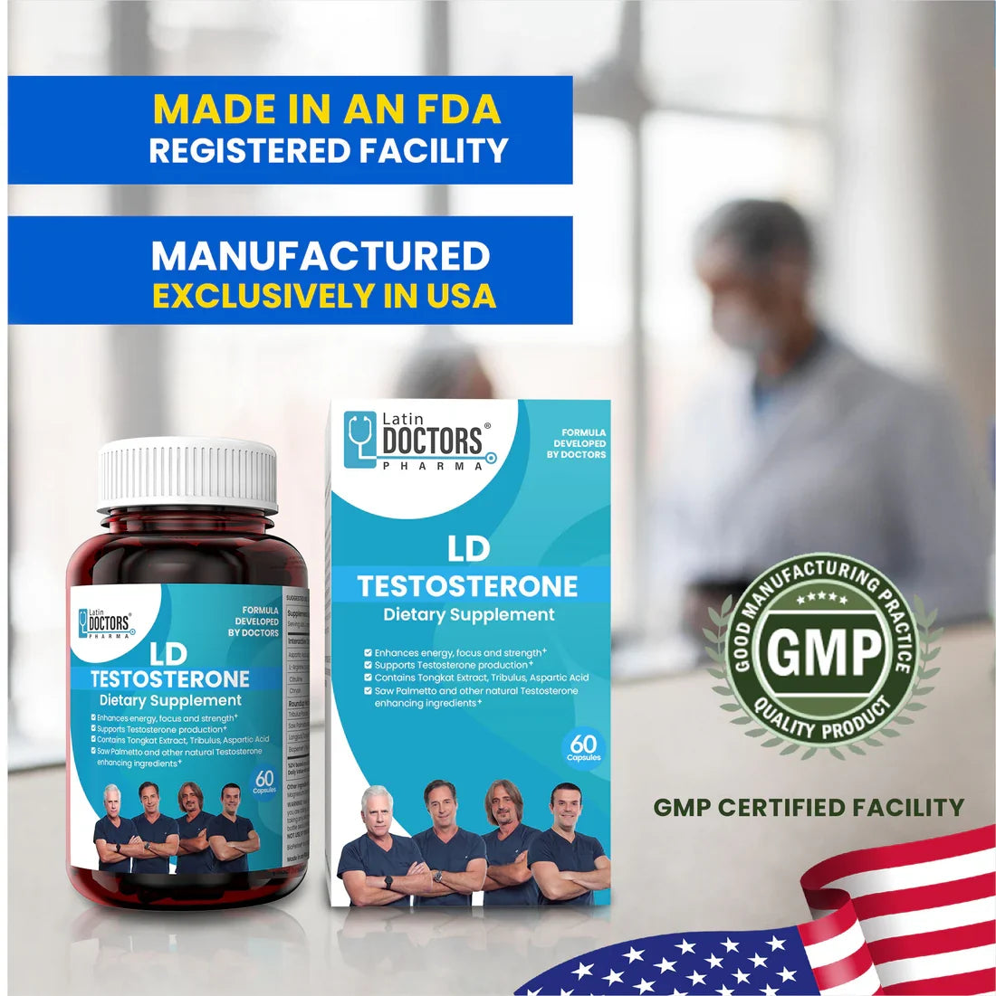 Latin Doctor TESTOSTERONE supplement by Farmacias Savia, 60-count bottle of testosterone capsules on a white background.