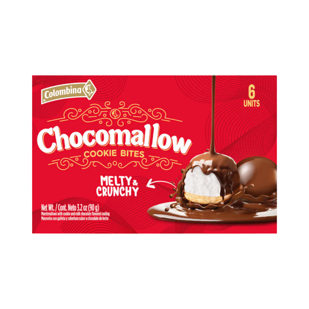 Farmacias Savia Colombina Chocomallow Cookie Bites with milk chocolate coating, 6-piece snack pack on a white background