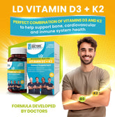 Latin Doctor VITAMIN D3+K2 supplement bottle with 60 capsules, featuring a white label and blue accents, on a white background.