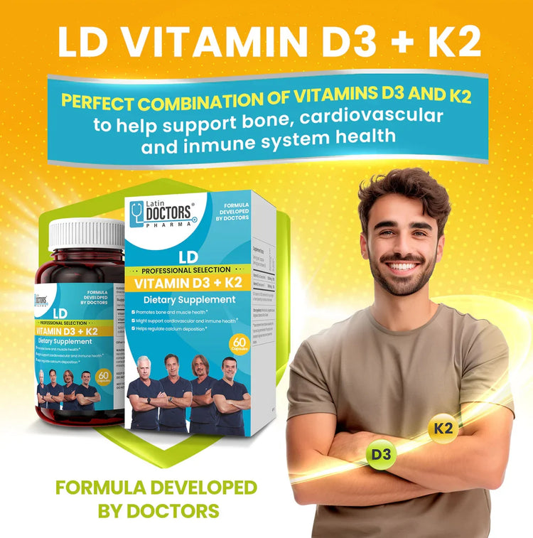 Latin Doctor VITAMIN D3+K2 supplement bottle with 60 capsules, featuring a white label and blue accents, on a white background.