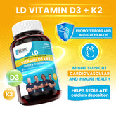 Latin Doctor Vitamin D3+K2 supplement in a bottle with 60 capsules, featuring label details and capsule contents.