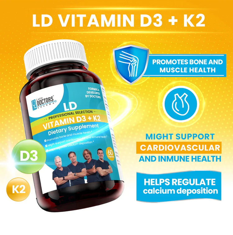 Latin Doctor Vitamin D3+K2 supplement in a bottle with 60 capsules, featuring label details and capsule contents.