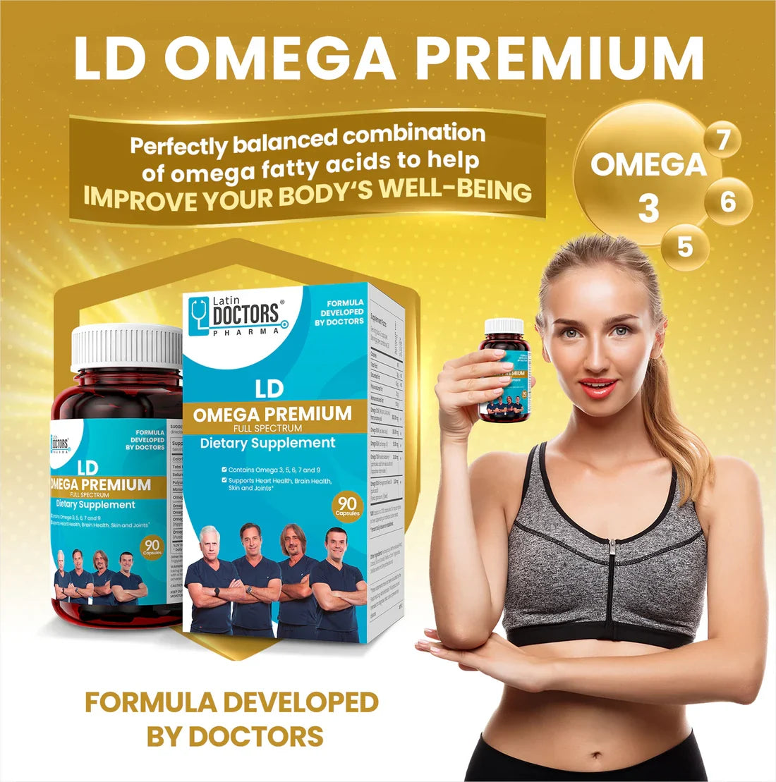 Latin Doctor Omega Premium 90-count supplement bottle by Farmacias Savia, featuring softgel capsules for omega-3 health support.