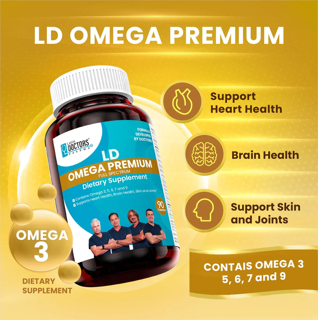 Latin Doctor Omega Premier supplement bottle with 90 capsules from Farmacias Savia, featuring a label with blue and white design.