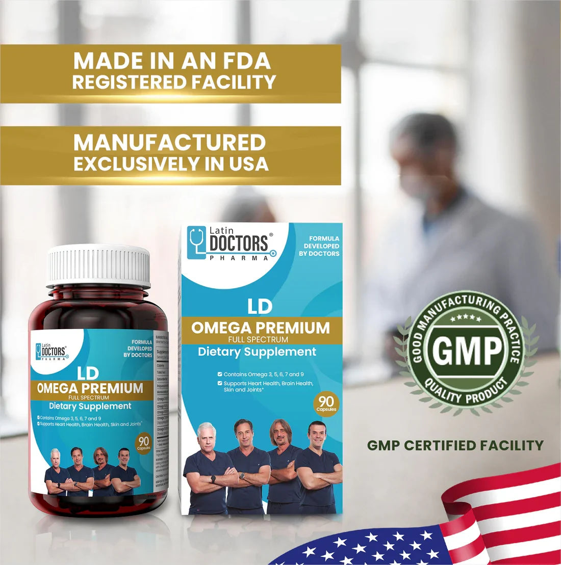 Latin Doctor Omega Premier supplement bottle with 90 capsules from Farmacias Savia, featuring the LD Latin Doctor branding.