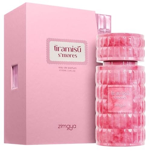 Zimaya Ladies Tiramisu Smores EDP spray bottle, 3.4 oz, featuring elegant packaging and floral, gourmand fragrance details.