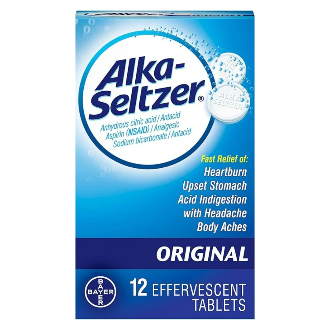 Alka-Seltzer Original effervescent tablets in a 12-count package, used for relief of indigestion and upset stomach.