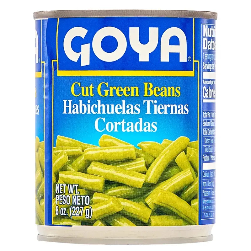 Canned cut green beans in 8 oz can from Goya, labeled habichuelas tiernas cortadas, with a close-up of the product label.
