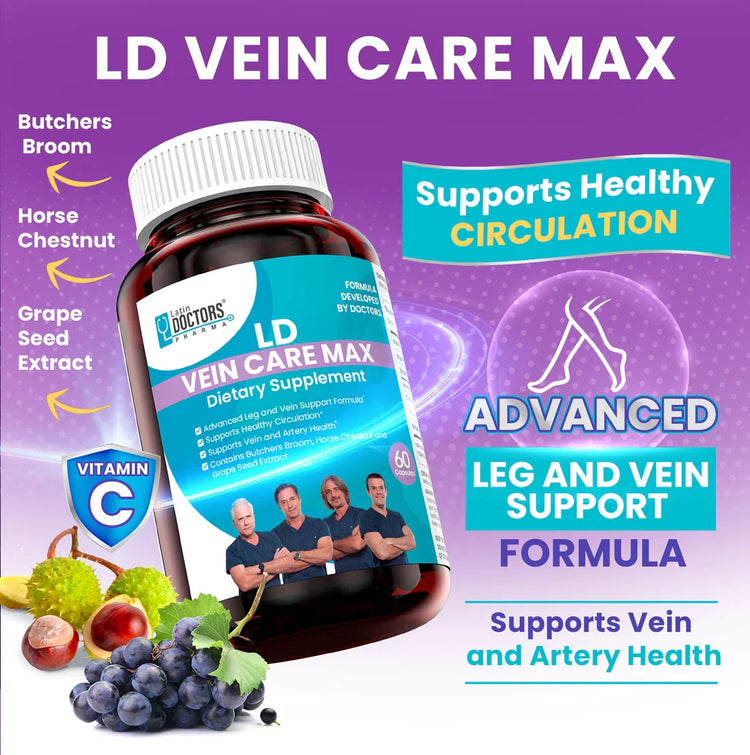 Latin Doctor VEIN CARE MAX 60CT supplement box by Farmacias Savia, featuring natural ingredients for vein health.
