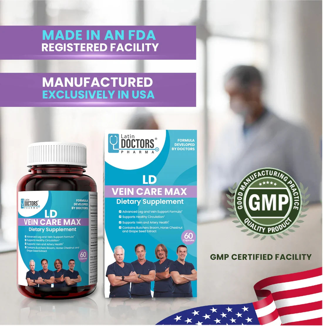Latin Doctor VEIN CARE MAX 60CT supplement by Farmacias Savia, showing the product bottle with label and capsules inside.