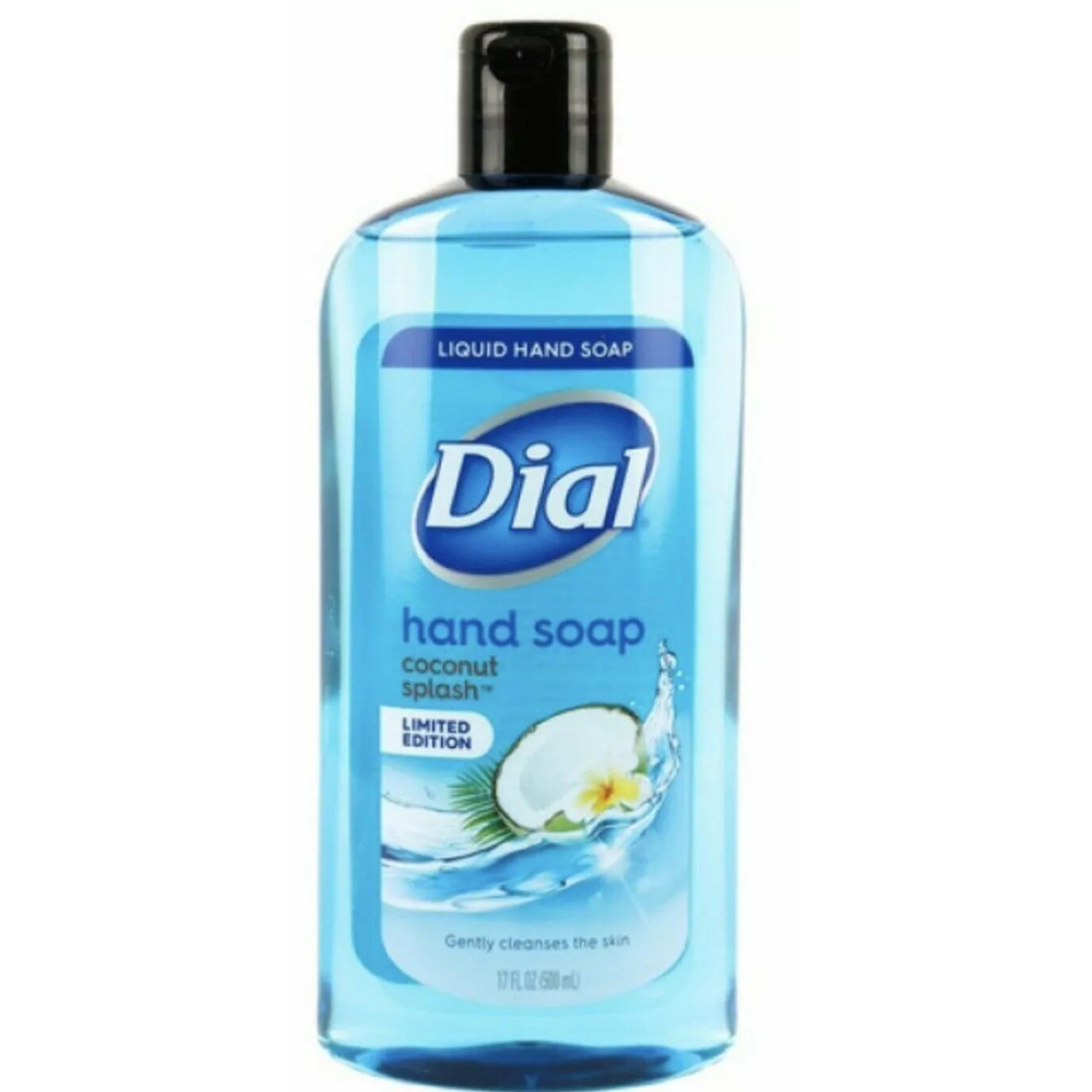 Dial Hand Soap Coconut Splash 17 oz, moisturizing soap with coconut scent from Farmacias Savia, shown in the image.