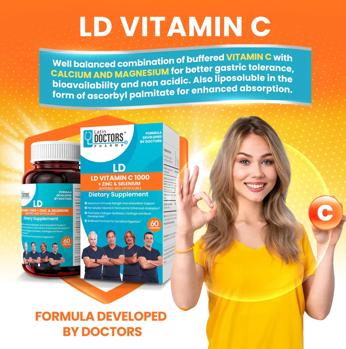 Latin Doctor VT C 1000+Zinc & Selenium supplement in a 60-count bottle, featuring vitamin C, zinc, and selenium for immune support.