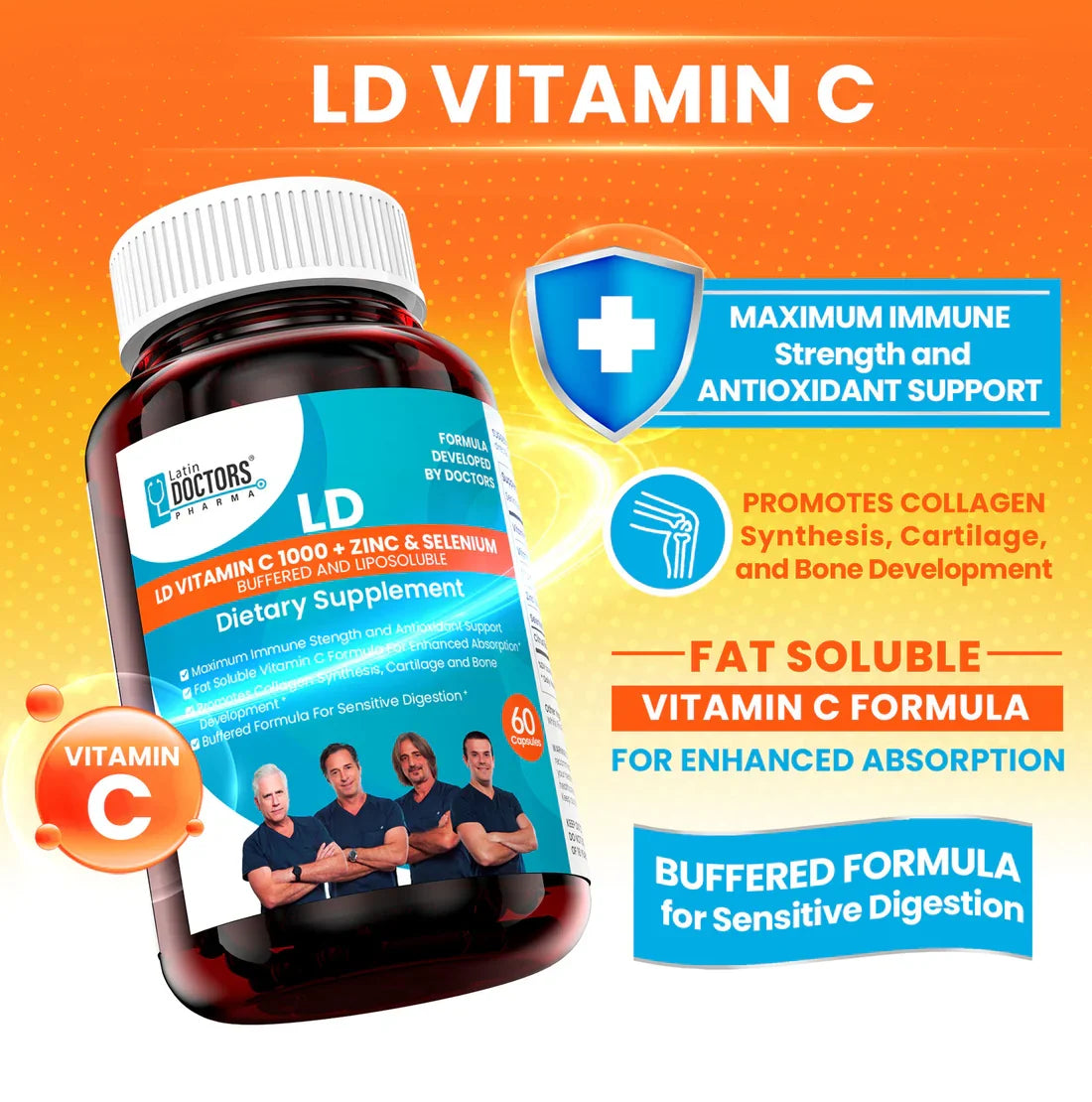 Latin Doctor VT C 1000+Zinc & Selenium supplement bottle by Farmacias Savia, featuring 60 tablets for immune support.