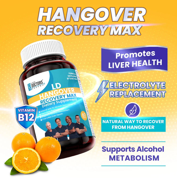 Latin Doctor Hangover Recovery Max supplement bottle with 60 capsules, designed for hangover relief by Farmacias Savia.