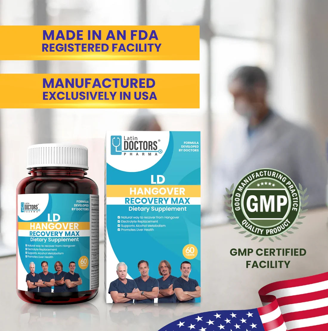 Latin Doctor Hangover Recovery Max supplement bottle with 60 tablets, featuring the Farmacias Savia label and colorful design.