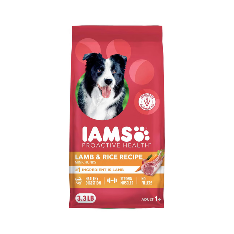 Bag of IAMS Proactive Health Minichunks Lamb & Rice Recipe adult dry dog food, 3.3lb bag with kibble visible.