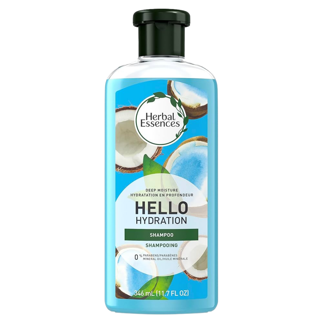 Herbal Essences Hello Hydration moisturizing shampoo bottle with vibrant green label and clear 13.5oz size for hydrated hair.