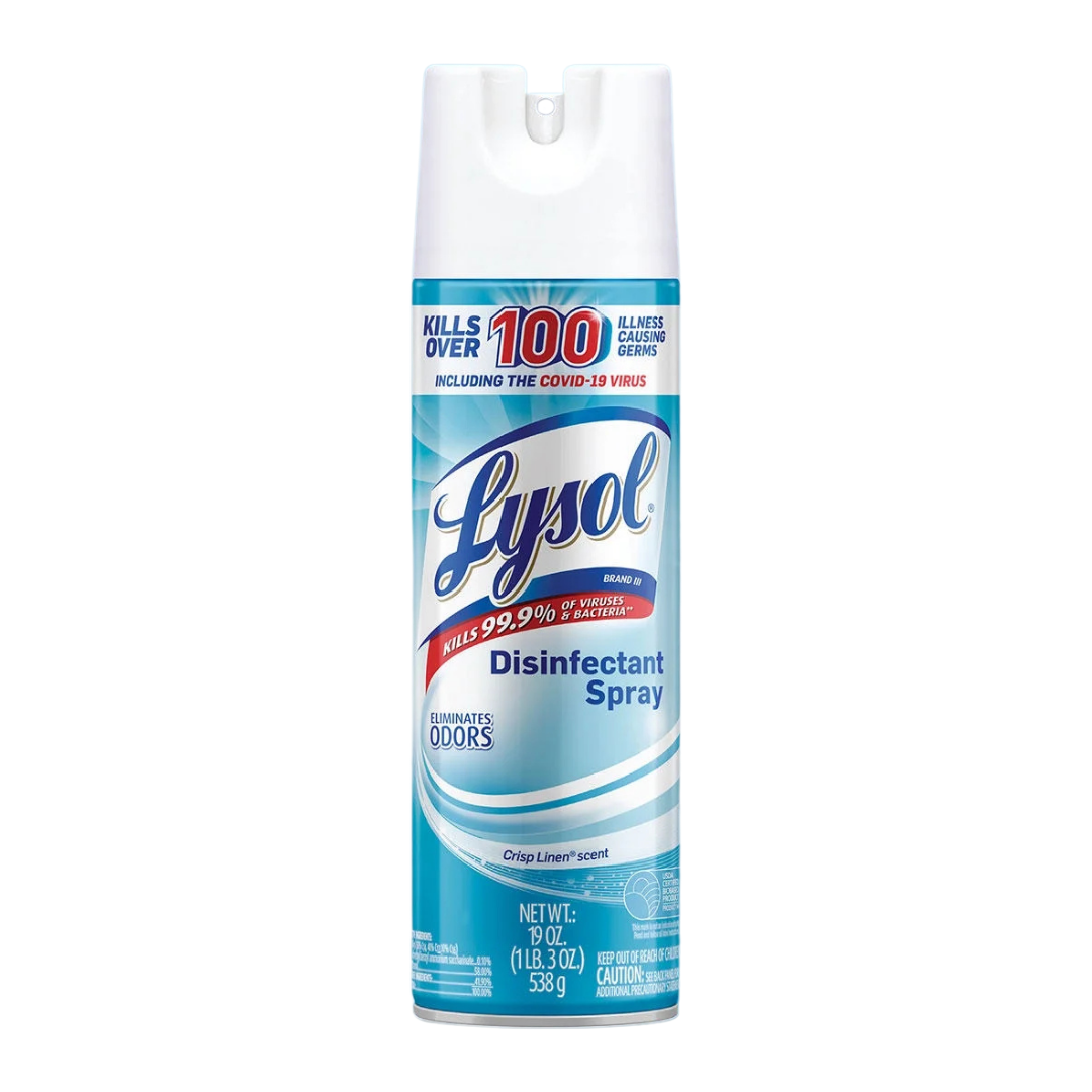 Lysol Disinfectant Spray Linen Scent in 19oz bottle, natural spray with fresh linen fragrance, by Farmacias Savia.