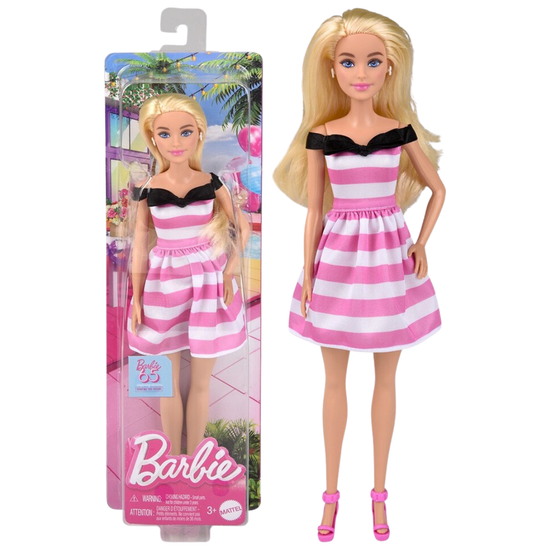 Barbie 65th Anniversary Fashion Doll wearing a stylish striped dress, showcasing her classic look and celebration attire.