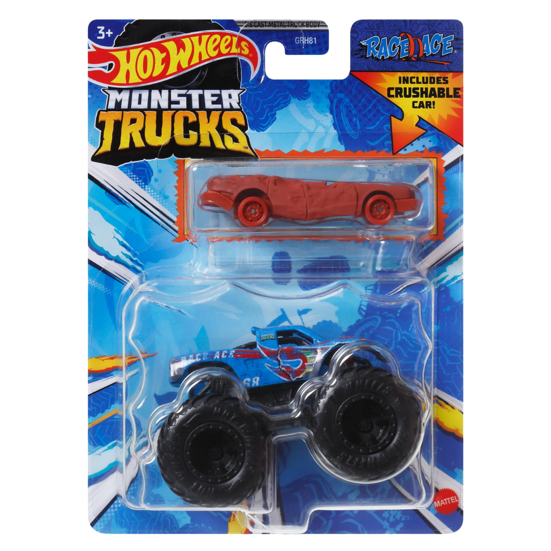 Hot Wheels Monster Trucks Race Ace die-cast in 1:64 scale, featuring detailed monster truck design and vibrant colors.