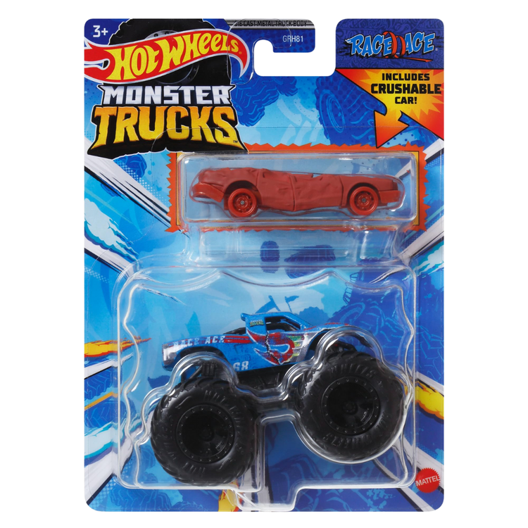 Hot Wheels Monster Trucks Race Ace die-cast in 1:64 scale, featuring detailed monster truck design and vibrant colors.