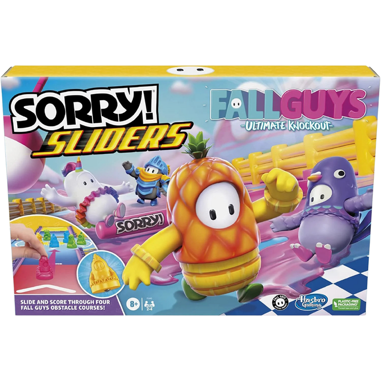 Hasbro Sorry! Sliders Fall Guys Ultimate Knockout game featuring colorful game board and sliding pieces for family fun.