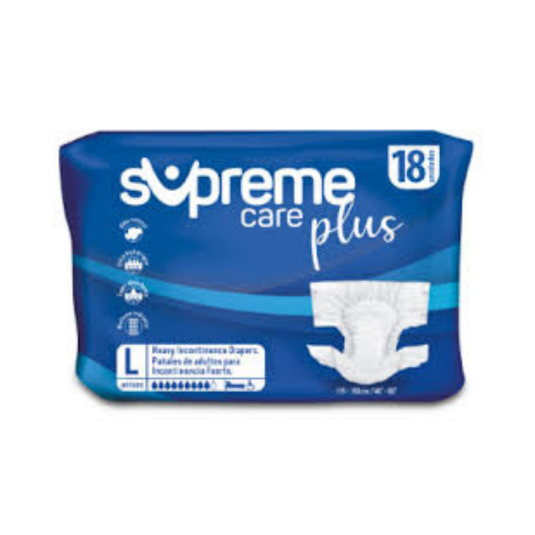 Farmacias Savia Supreme Care Plus Heavy Incontinence Diapers Large pack with 18 absorbent adult diapers, showing the product packaging.