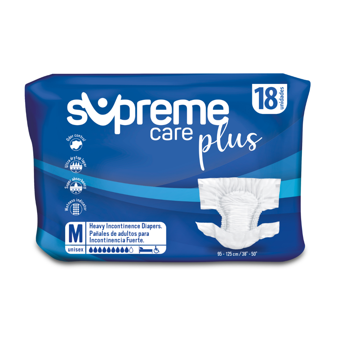 Supreme Care Plus Heavy Incontinence Diapers Medium pack with 18 disposable adult diapers, featuring absorbent design and secure fit.