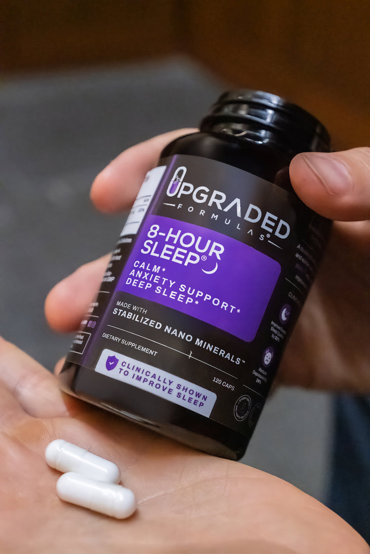 Upgraded Formulas® Upgraded 8-Hour Sleep supplement capsules, 32-count bottle, designed to promote better sleep naturally.