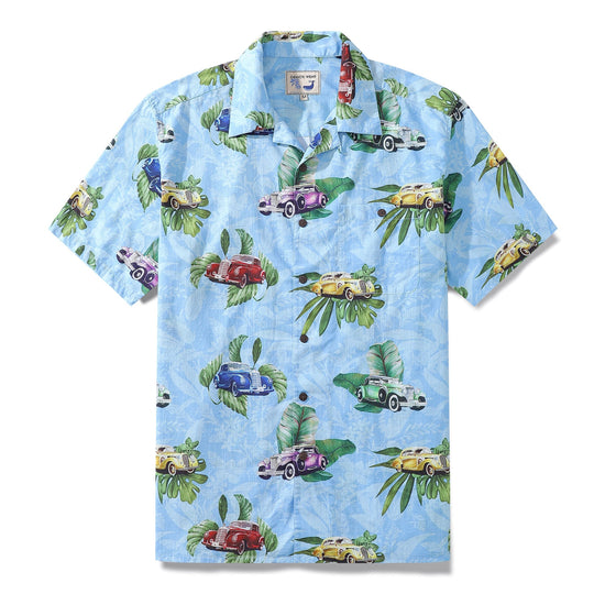 Hawaiian Shirt For Men Old-Fashioned Car Shirt Camp Collar 100% Cotton