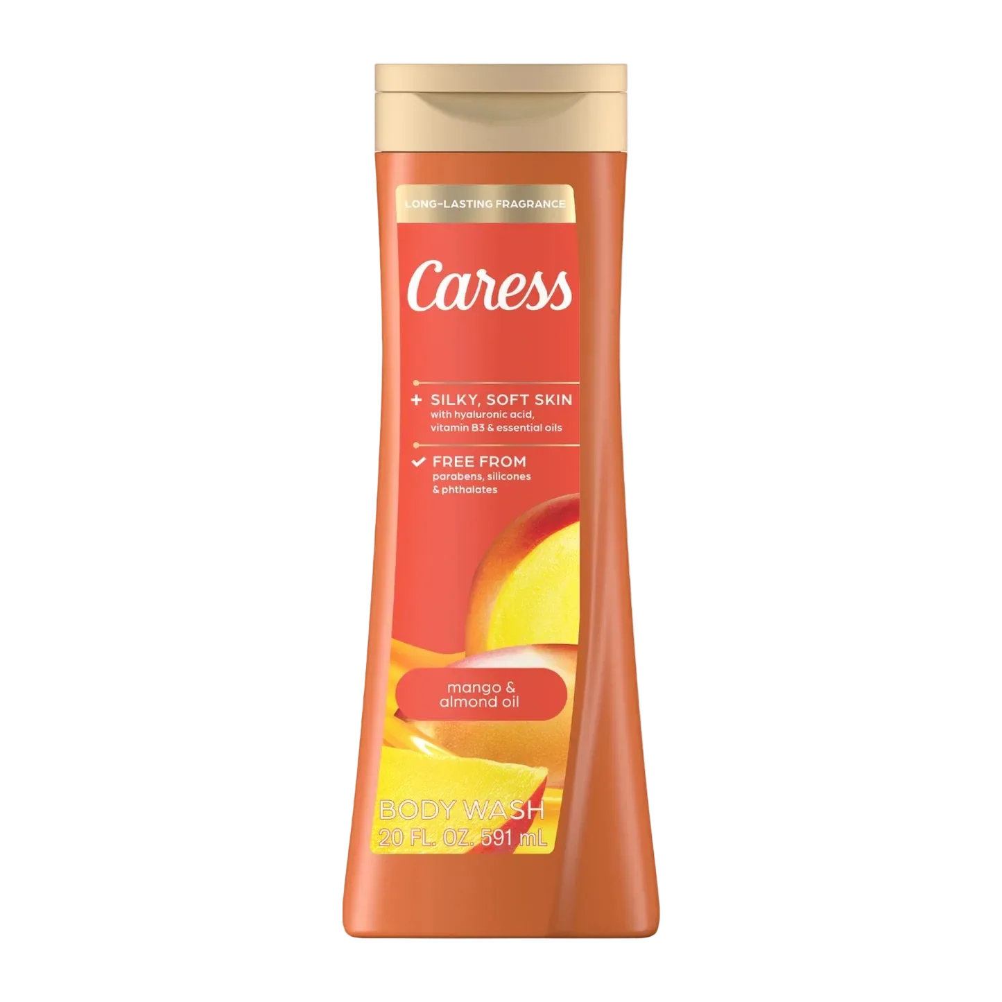 Farmacias Savia Caress Mango Almond Oil Body Wash bottle with label, highlighting nourishing ingredients and smooth skincare.