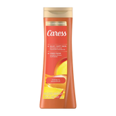 Farmacias Savia Caress Mango Almond Oil Body Wash bottle with label, highlighting nourishing ingredients and smooth skincare.