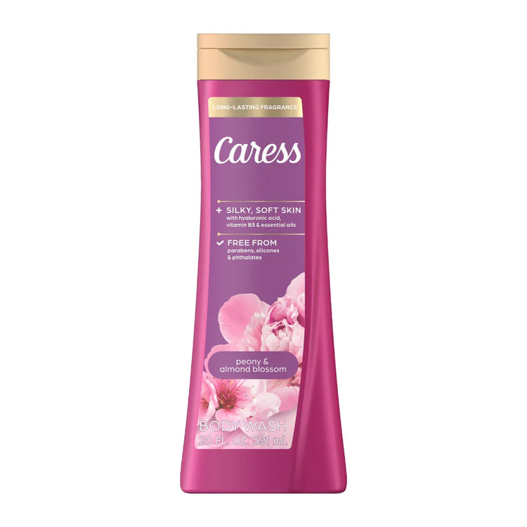 Farmacias Savia Caress Peony Almond Blossom Body Wash in 20 fl oz bottle, showing the elegant packaging and floral label.