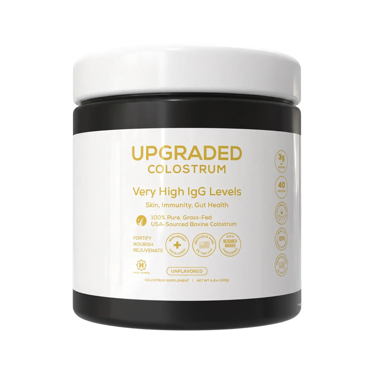 Upgraded Formulas® upgraded colostrum supplement container with label, emphasizing natural health support and dietary benefits.