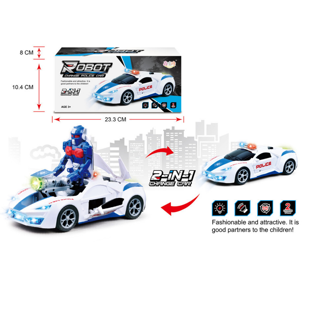 White 2-in-1 Robot Change Police Car toy with light and sound features, designed for children, from Farmacias Savia.