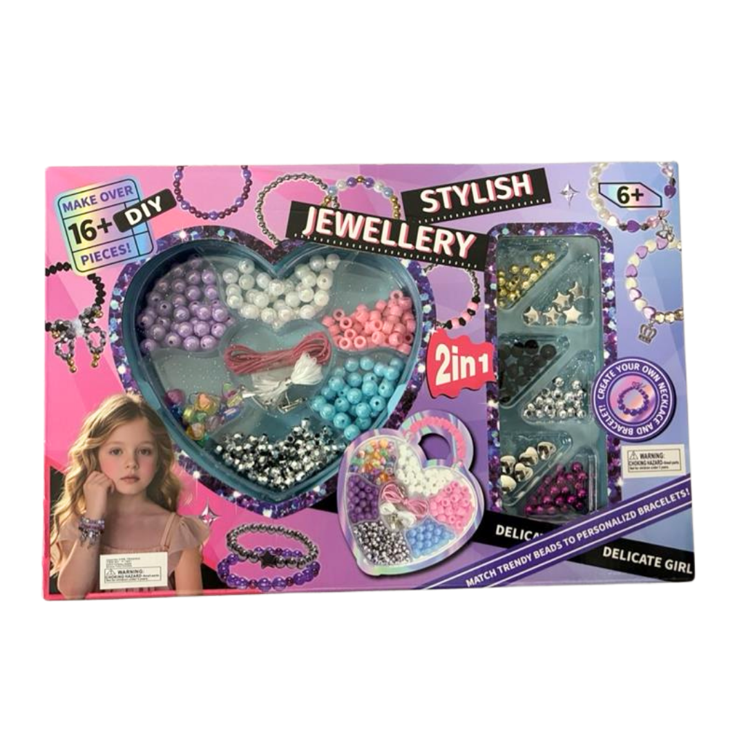 Farmacias Savia Stylish Jewellery 2-in-1 DIY Bead Set with heart-shaped storage box, featuring colorful beads for jewelry making.