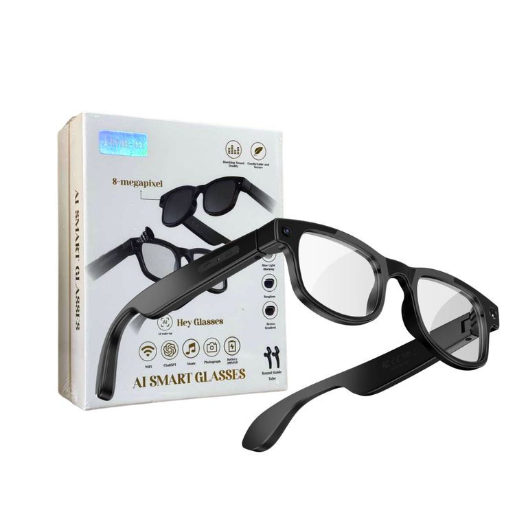 Farmacias Savia Hey Glasses AI smart glasses with built-in 8MP camera and ChatGPT, showing sleek design with glasses lenses and frame