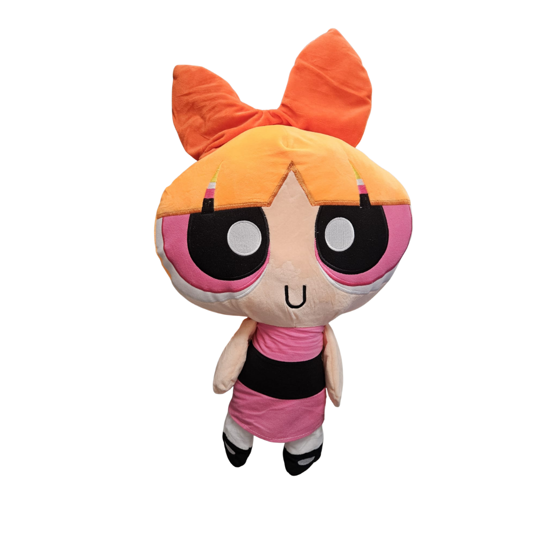 Farmacias Savia Powerpuff Girls Blossom plush toy, soft pink character with big eyes and signature bow, suitable for children.