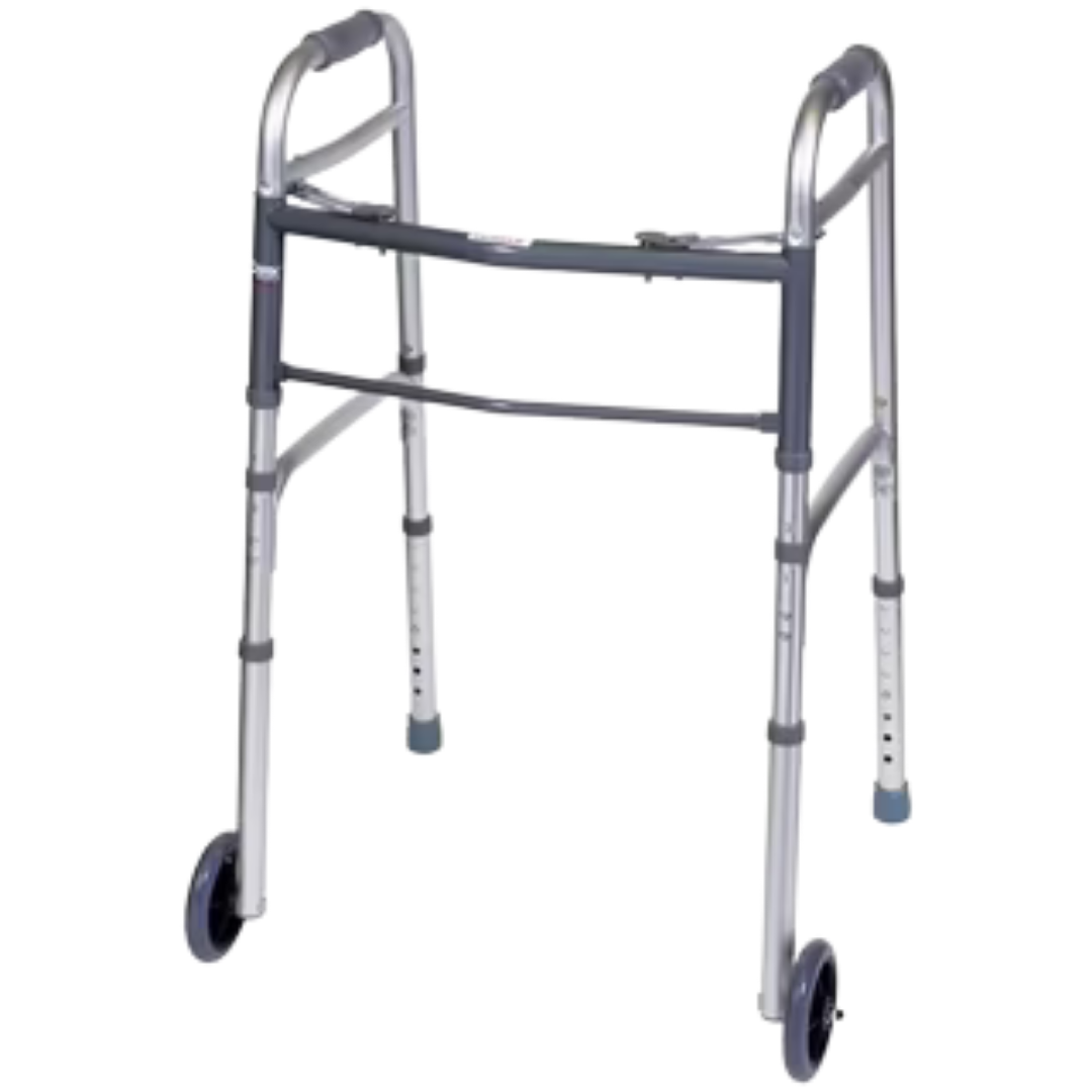 Wheel walker with adjustable frame and rubber wheels, designed for mobility assistance, by Farmacias Savia.