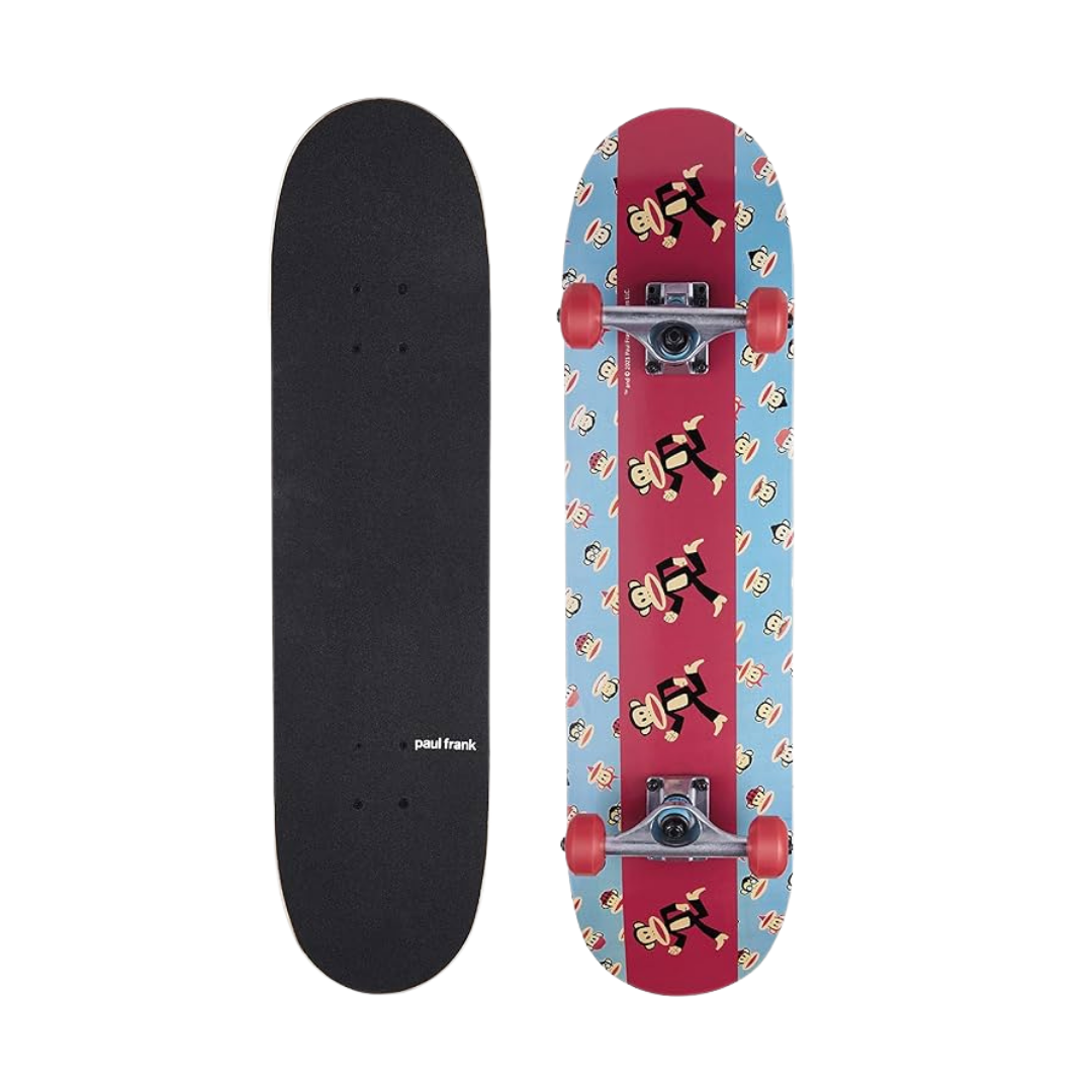 Paul Frank Julius Monkey 31-inch complete skateboard with colorful graphic deck and black grip tape, ready for skateboarding.