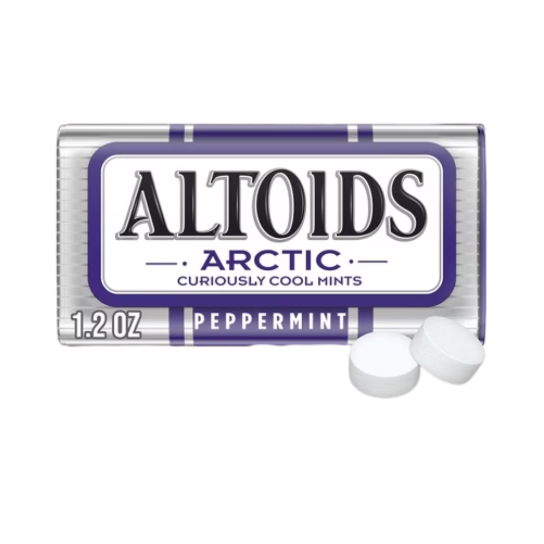 Altoids Arctic Peppermint Mints in 1.2oz package, featuring fresh mint flavor and distinctive tin packaging.
