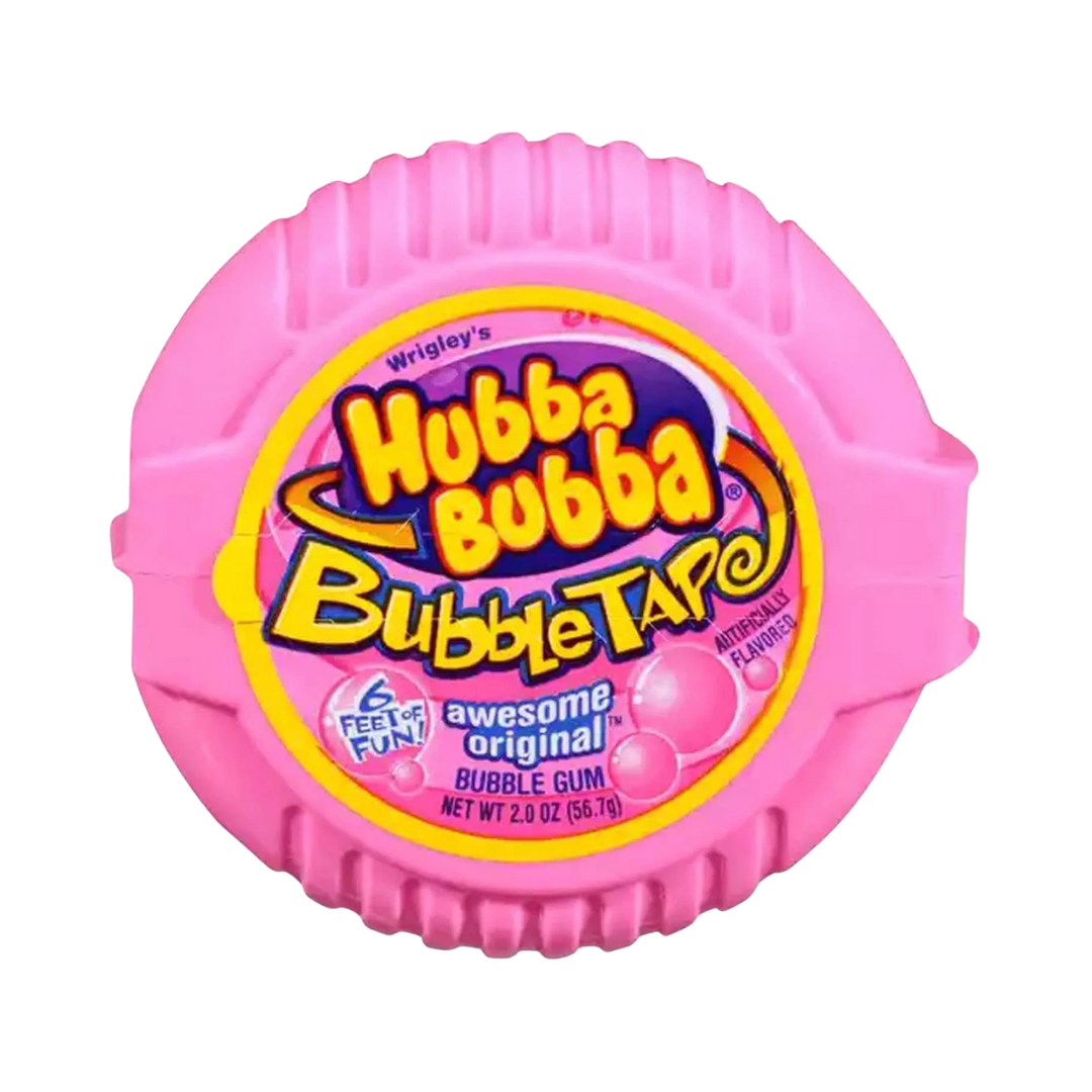 Hubba Bubba Original Bubble Gum Tape in 2.6oz package, showing colorful bubble gum tape and vibrant branding.