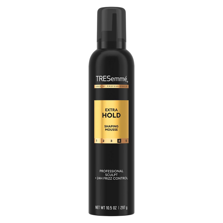 TRESemmé Extra Hold Shaping Mousse in a 10.5oz can, designed for strong hold and volume for hair styling.